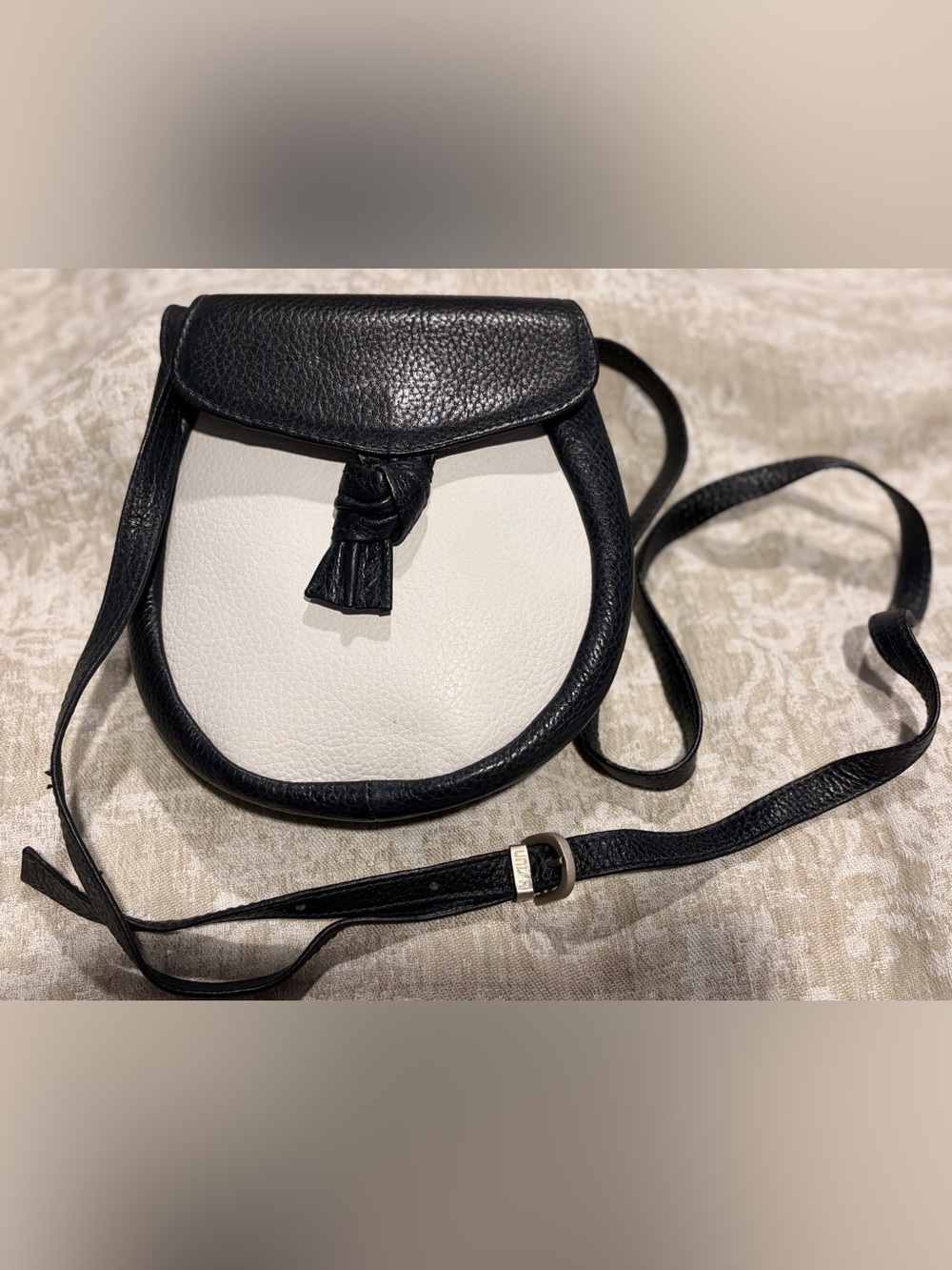 Vintage Black and White Pebbled Leather Crossbody Bag with Tassel